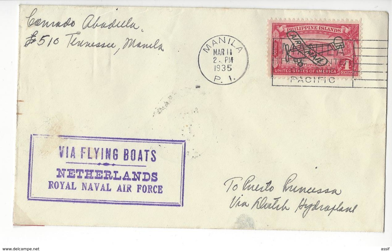 AVIATION HOLLANDAISE VIA FLYING BOATS NETHERLANDS ROYAL NAVAL AIR FORCE 1935 MANILA /FREE SHIPPING REGISTERED - Poststempels/ Marcofilie