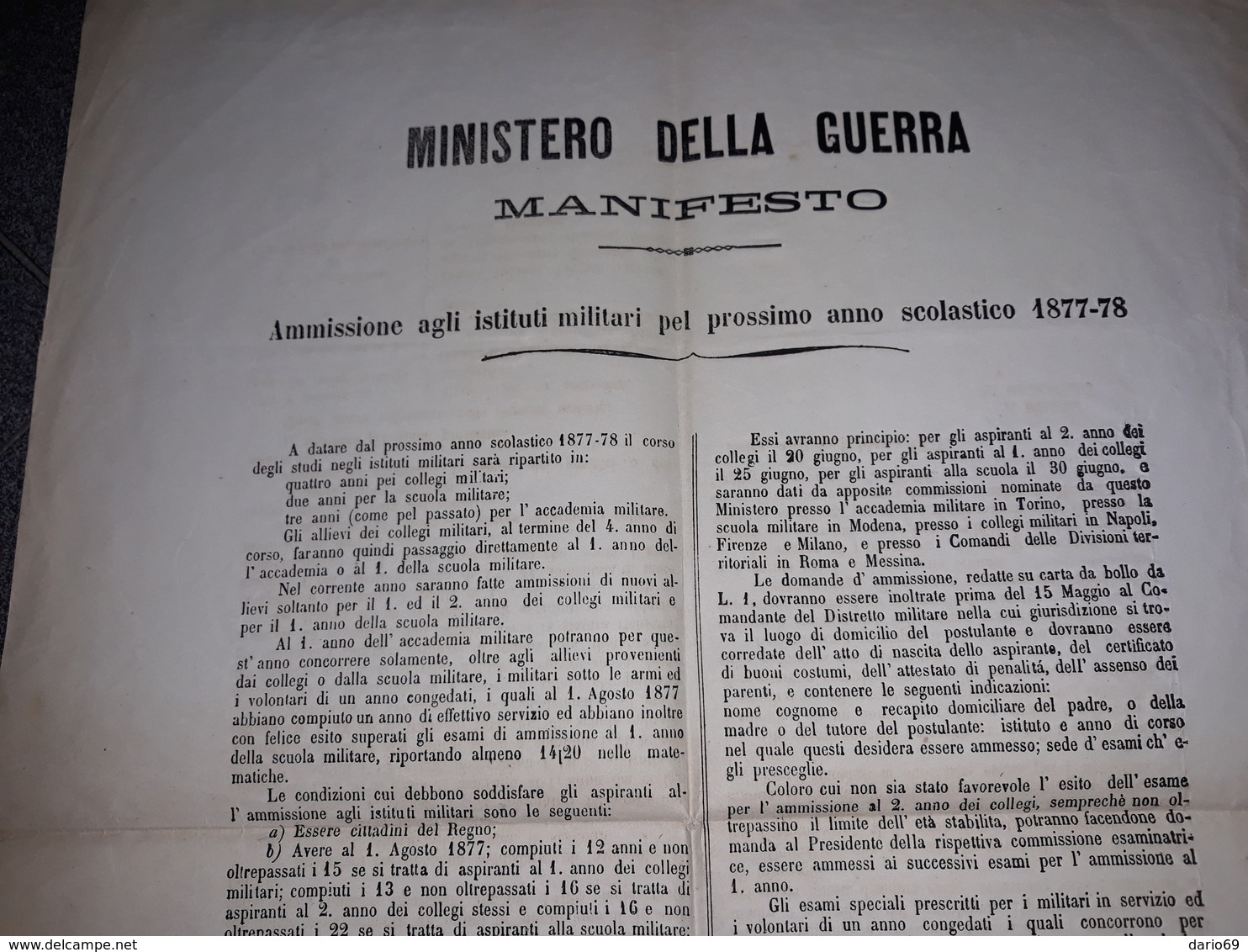 1877  MANIFESTO  ROMA  MINISTERO DELLA GUERRA AMMISSIONI AGLI ISTITUTI MILITARI - Historical Documents