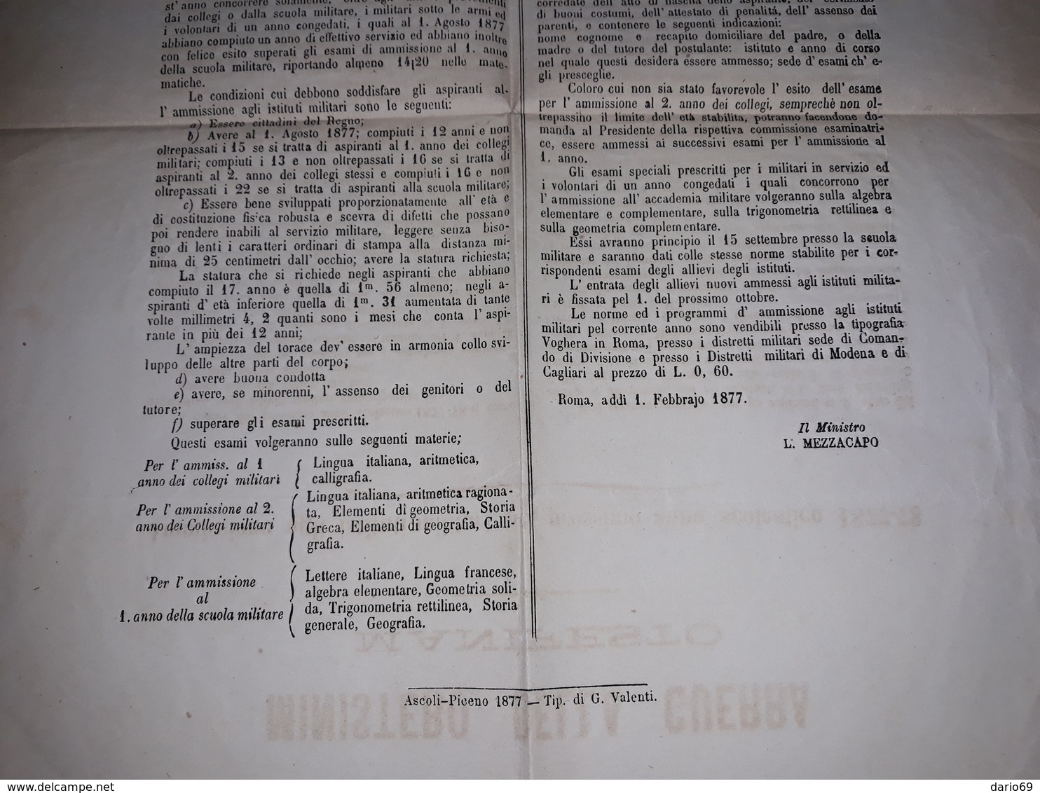 1877  MANIFESTO  ROMA  MINISTERO DELLA GUERRA AMMISSIONI AGLI ISTITUTI MILITARI - Historical Documents