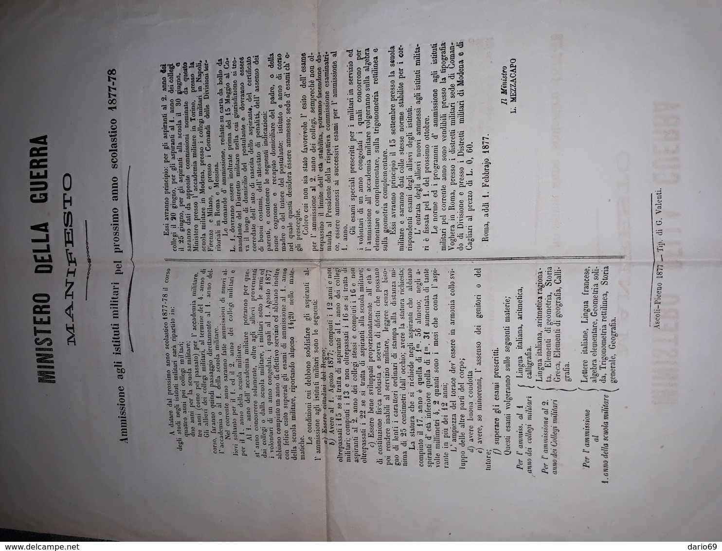 1877  MANIFESTO  ROMA  MINISTERO DELLA GUERRA AMMISSIONI AGLI ISTITUTI MILITARI - Historical Documents