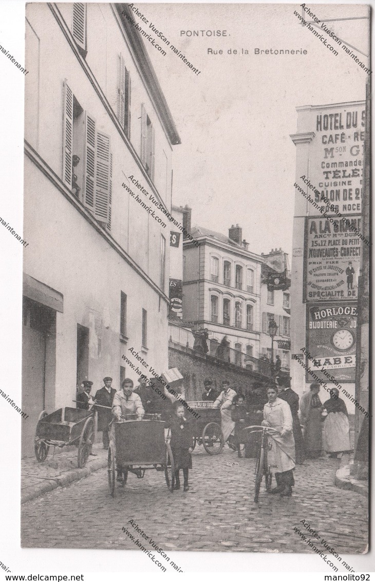 Rare CPA 95 PONTOISE : Rue De La Bretonnerie (vue Sur Panneaux Publicitaires, Tricycles, Charettes) - Pontoise