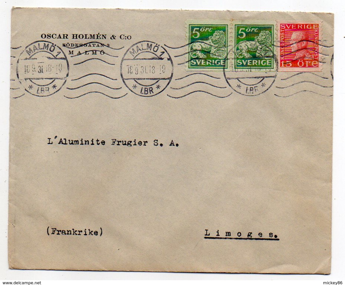 Suède -- 1931 --lettre De MALMOE Pour LIMOGES (France)--timbres - Cachet--Oscar  Holmes & C:o - Covers & Documents