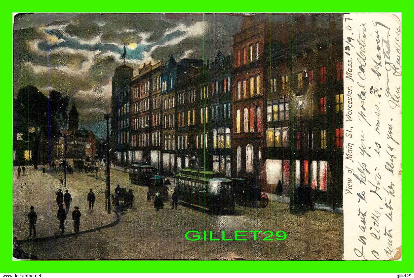 WORCESTER, MA - VIEW OF MAIN STREET AT NIGHT - TRAVEL IN 1907 -  UNDIVIDED BACK -  ILLUSTRATED POST CARD CO - - Worcester