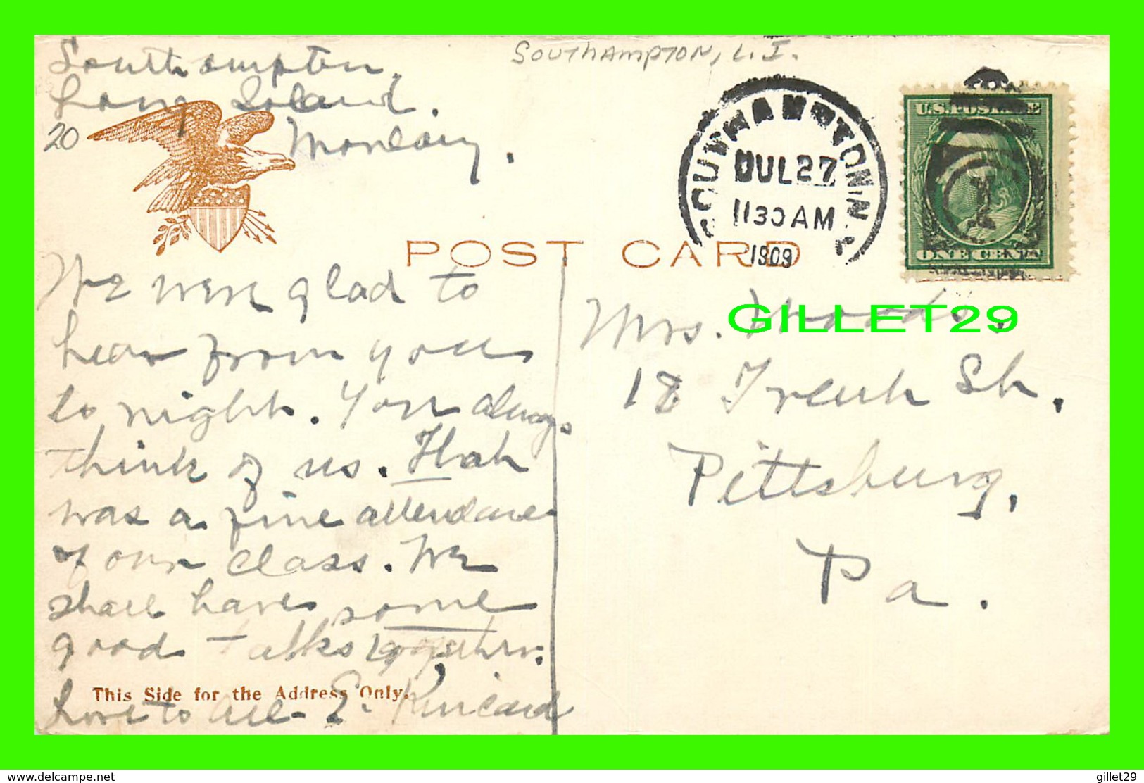 SOUTHAMPTON, NY - MAIN STREET - ILLUSTRATED POST CARD - ANIMATED - TRAVEL IN 1909 - - Long Island