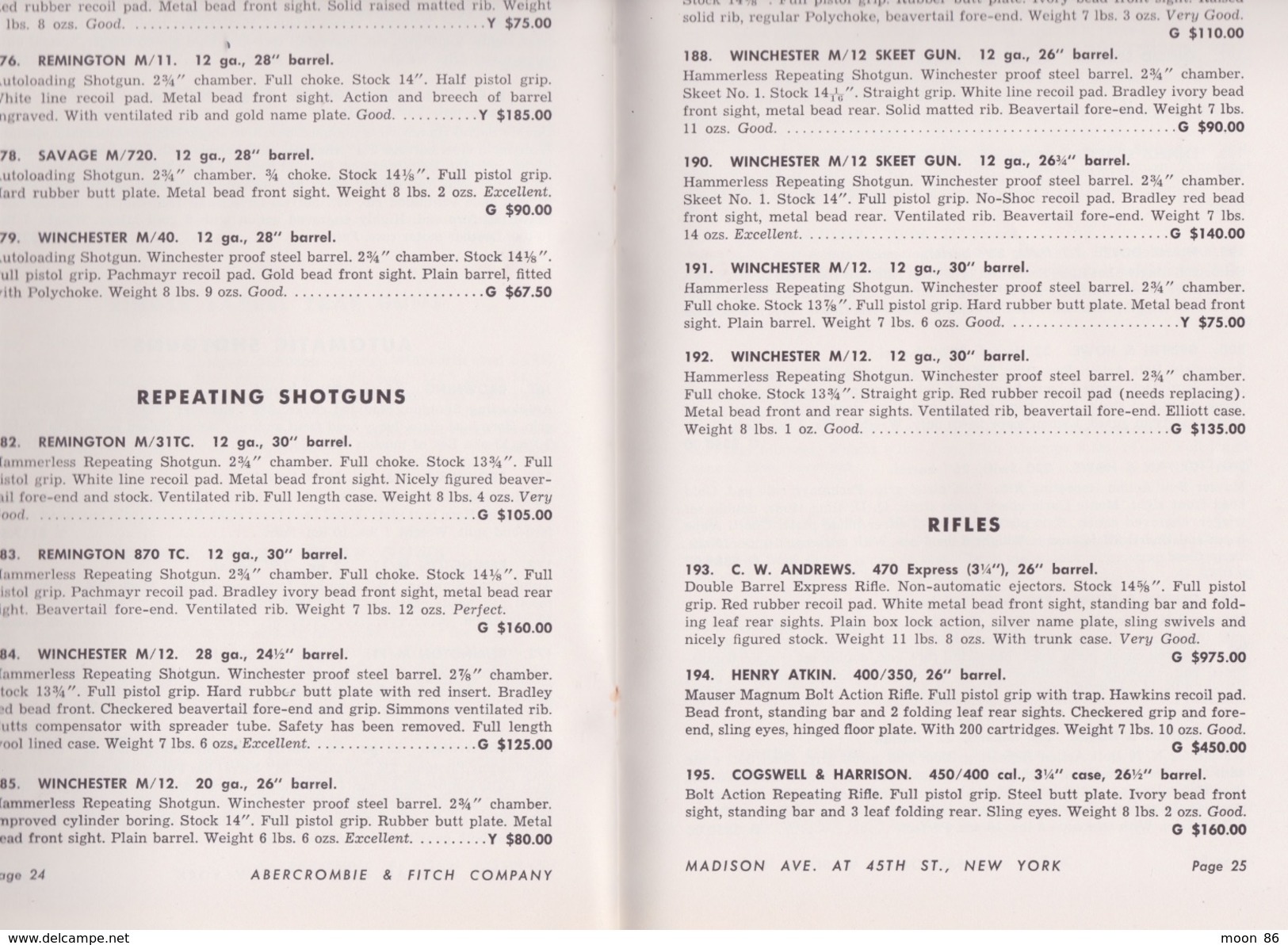 LIVRE CHASSE - CATALOGUE DE PRIX  FUSILS ET CARABINES - ABERCROMBIE & FITCH CO ANEW-YORK - 1954 - 1950-Maintenant