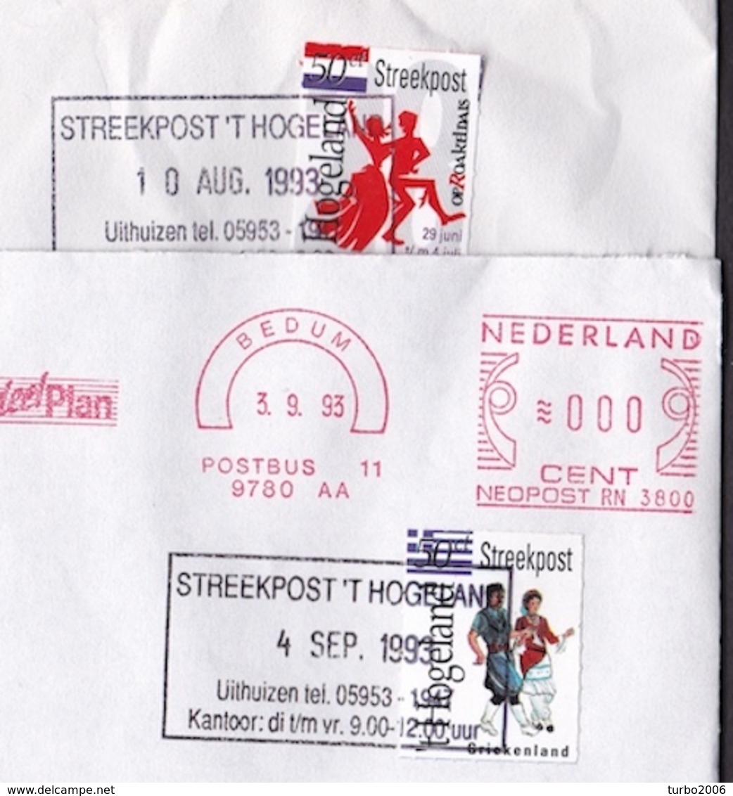 1993 STREEKPOST 't HOGELAND Op 2 Gelopen Vensterenveloppen 15 X 22 Cm Zegels 50 Ct Opraoakeldais En Klederdracht - Poststempels/ Marcofilie