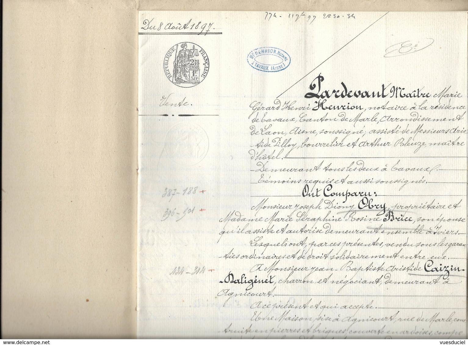 1897 Agnicourt Tavaux - Marle Laon Aisne Acte Manuscrit à étudier Notaire Henrion Généalogie Famille Caizin Daligénet - Manuscripts