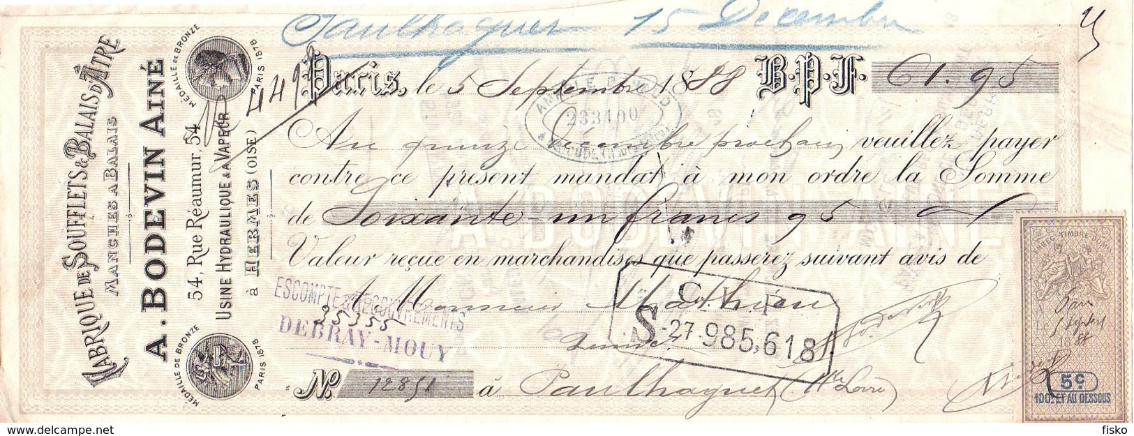 BODEVIN   Fabrique De Soufflets &amp; Balais D'Atre  Usine à HERMES (Oise)  1888 - Bills Of Exchange