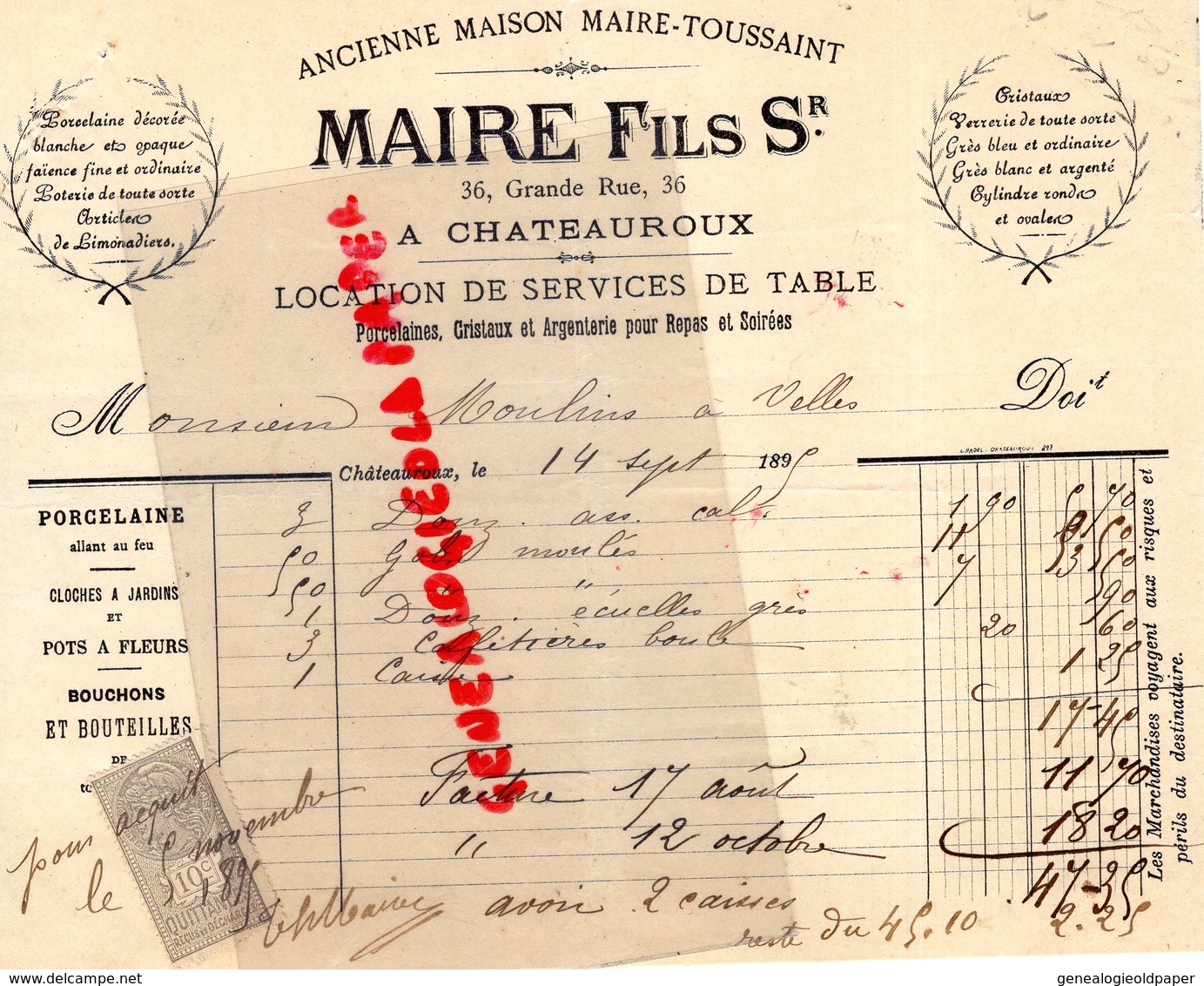 36- CHATEAUROUX- RARE FACTURE MAIRE FILS- TOUSSAINT-36 GRANDE RUE -PORCELAINE-FAIENCE-POTERIE- 1895 - Artigianato