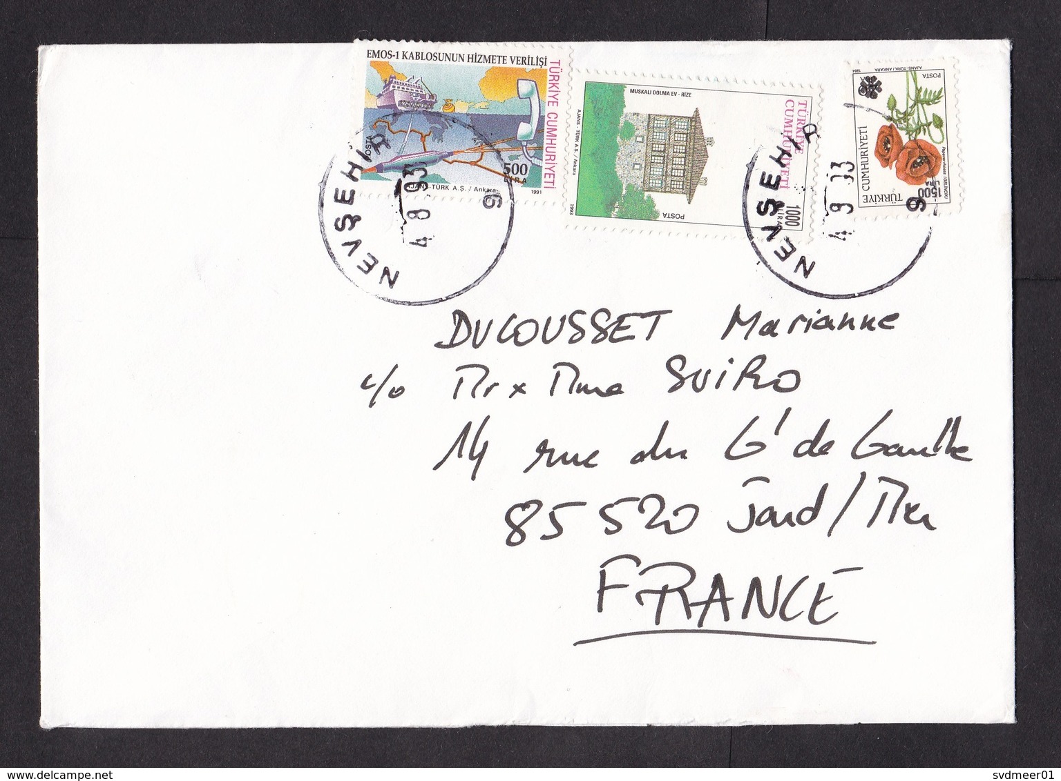 Turkey: Cover To France, 1993, 3 Stamps, Underwater Communication Cable, Telephone (flower Overprint Stamp Damaged) - Briefe U. Dokumente