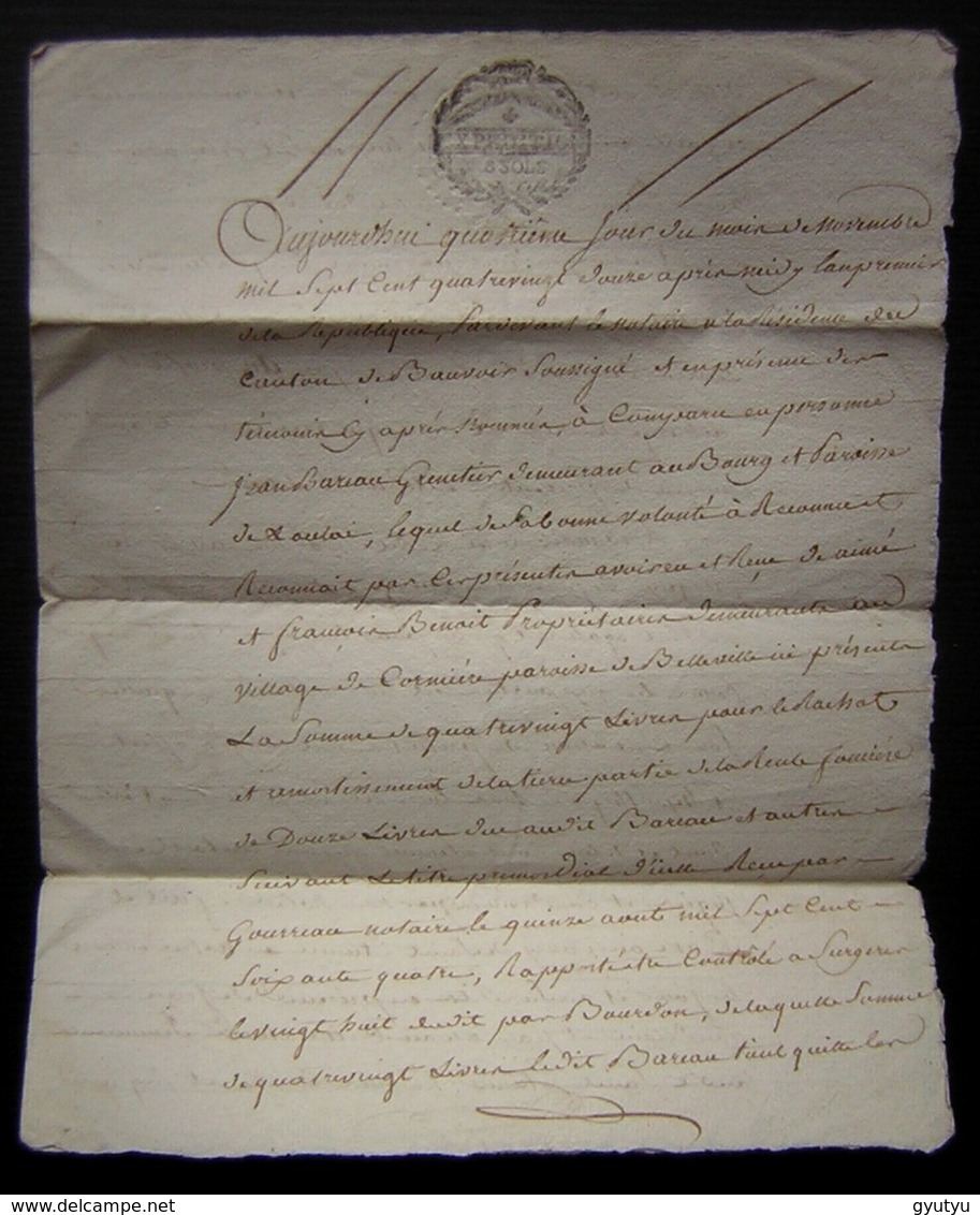 1792 Quittance De Jean Bareau à Aimé Et Françoise Benoit, Enregistrée à Chizé - Manuscrits