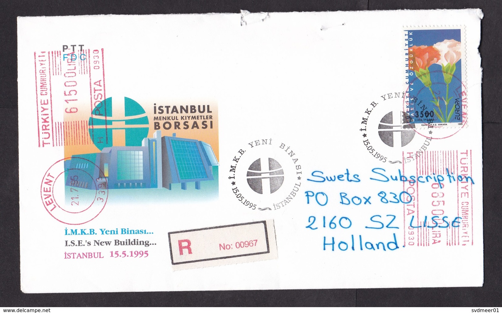 Turkey: Registered Cover To Netherlands, 1995, 1 Stamp & Meter Cancel, Flower, R-label  (minor Damage, See Scan) - Brieven En Documenten