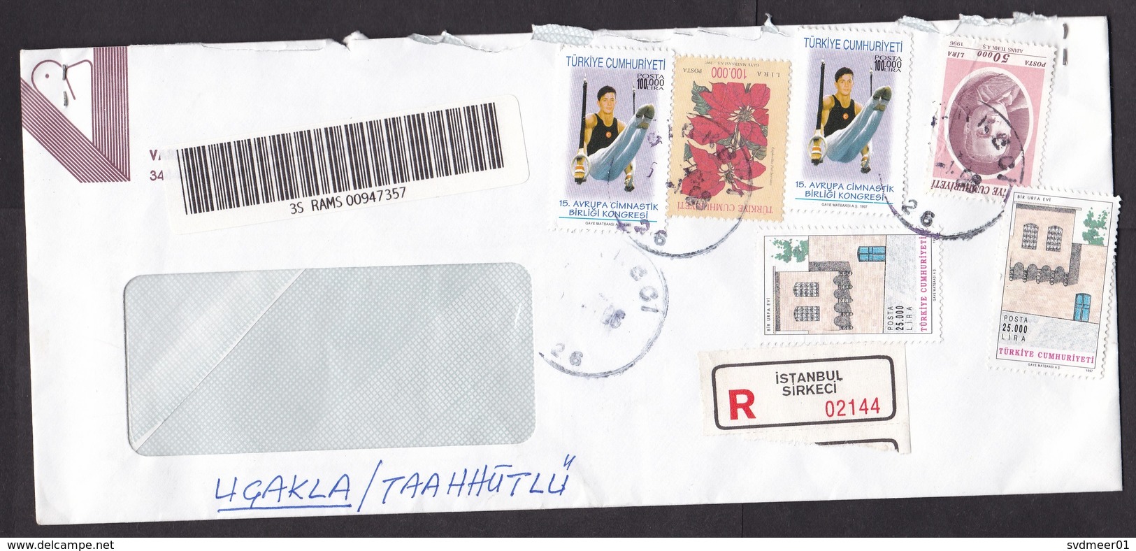 Turkey: Registered Cover, 1998, 6 Stamps, Gymnastics, Rings, Sports, Flower, R-label, Inflation: 400,000.- (damaged) - Brieven En Documenten