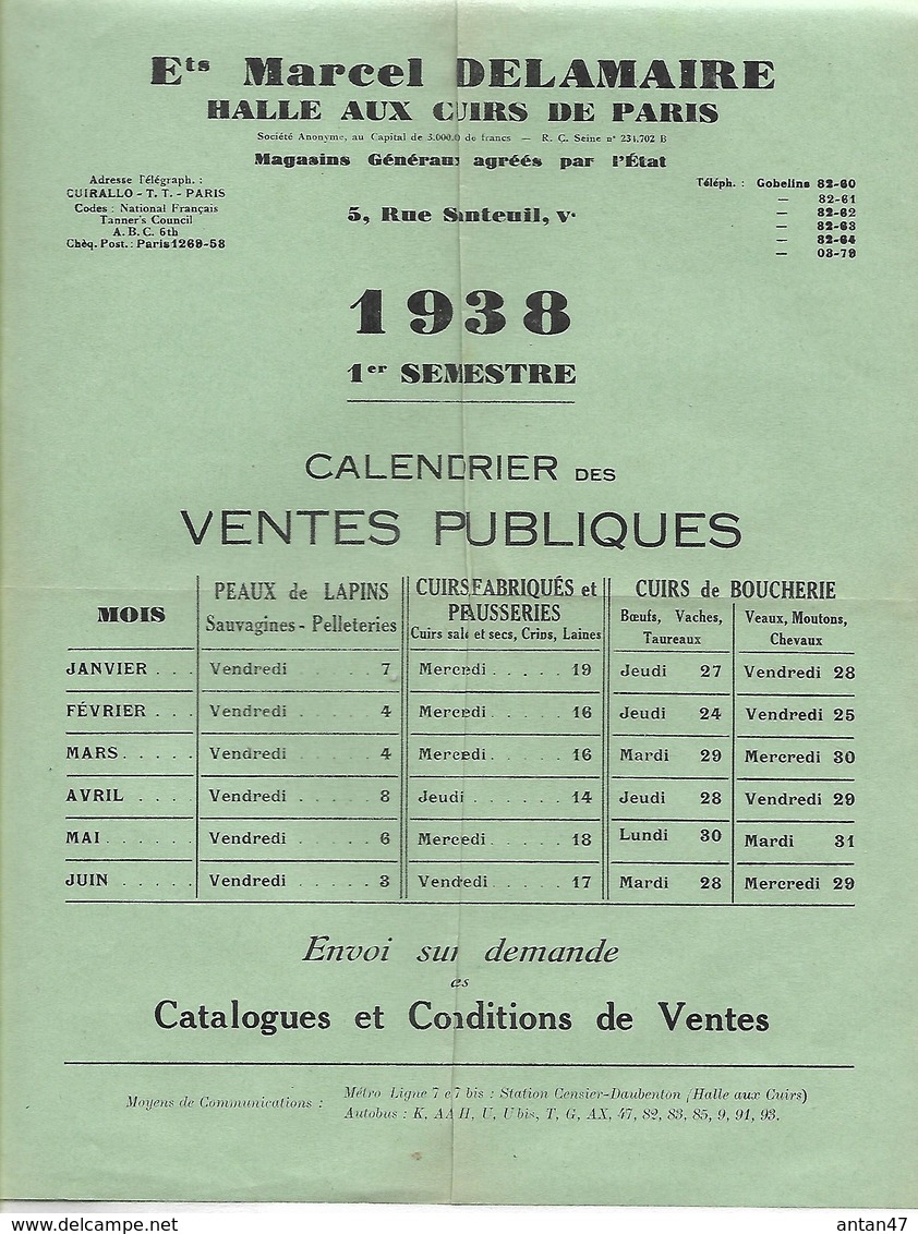 Calendriers Des Ventes Publiques & Enveloppe 1939 / PARIS / M. DELAMAIRE / Halle Aux Cuirs De Paris - 1900 – 1949