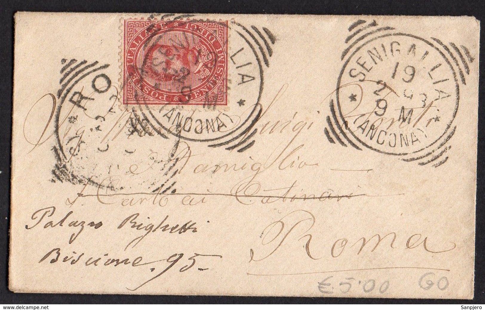 ITALY KINGDOM ITALIA REGNO 1893. SENIGALLIA ANCONA ROMA LETTERA COVER - Interi Postali