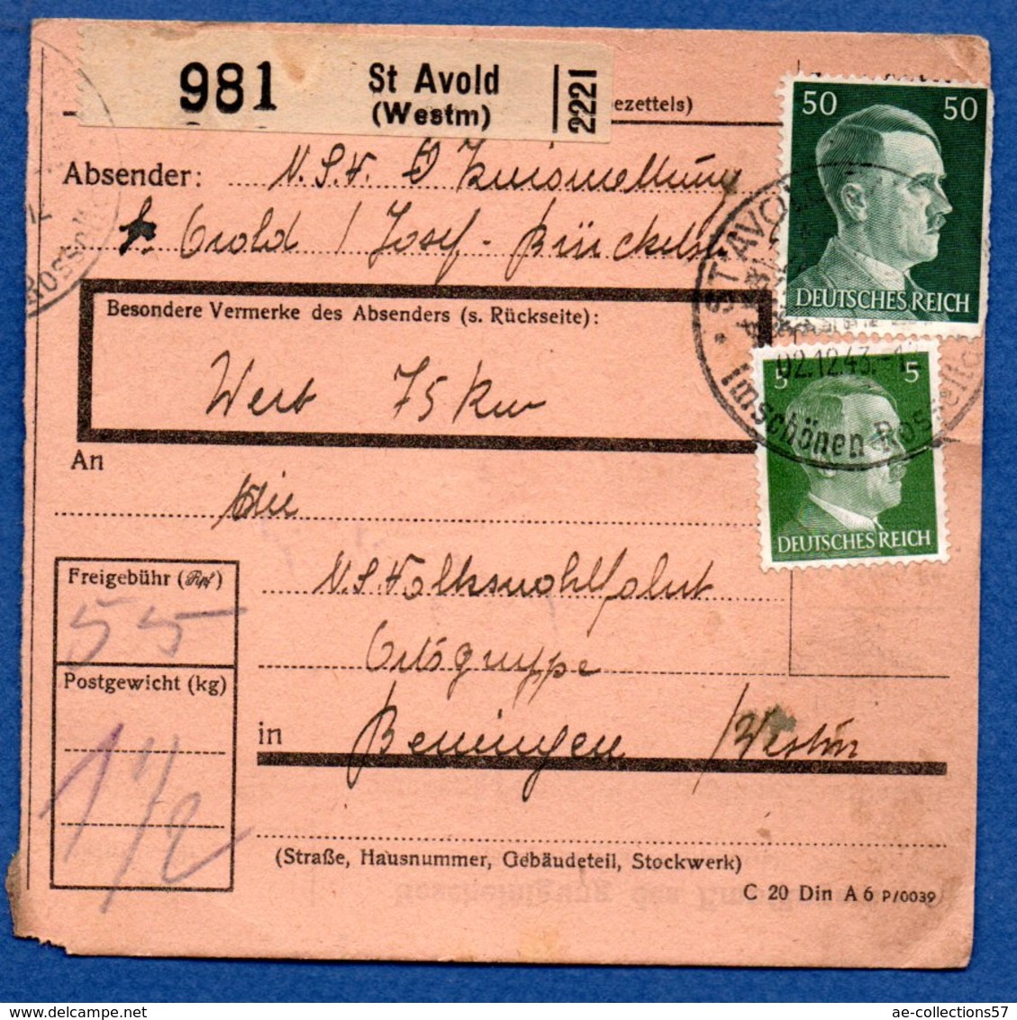 Allemagne - Colis Postal De St Avold Pour Béning  - 2/121943 - Lettres & Documents