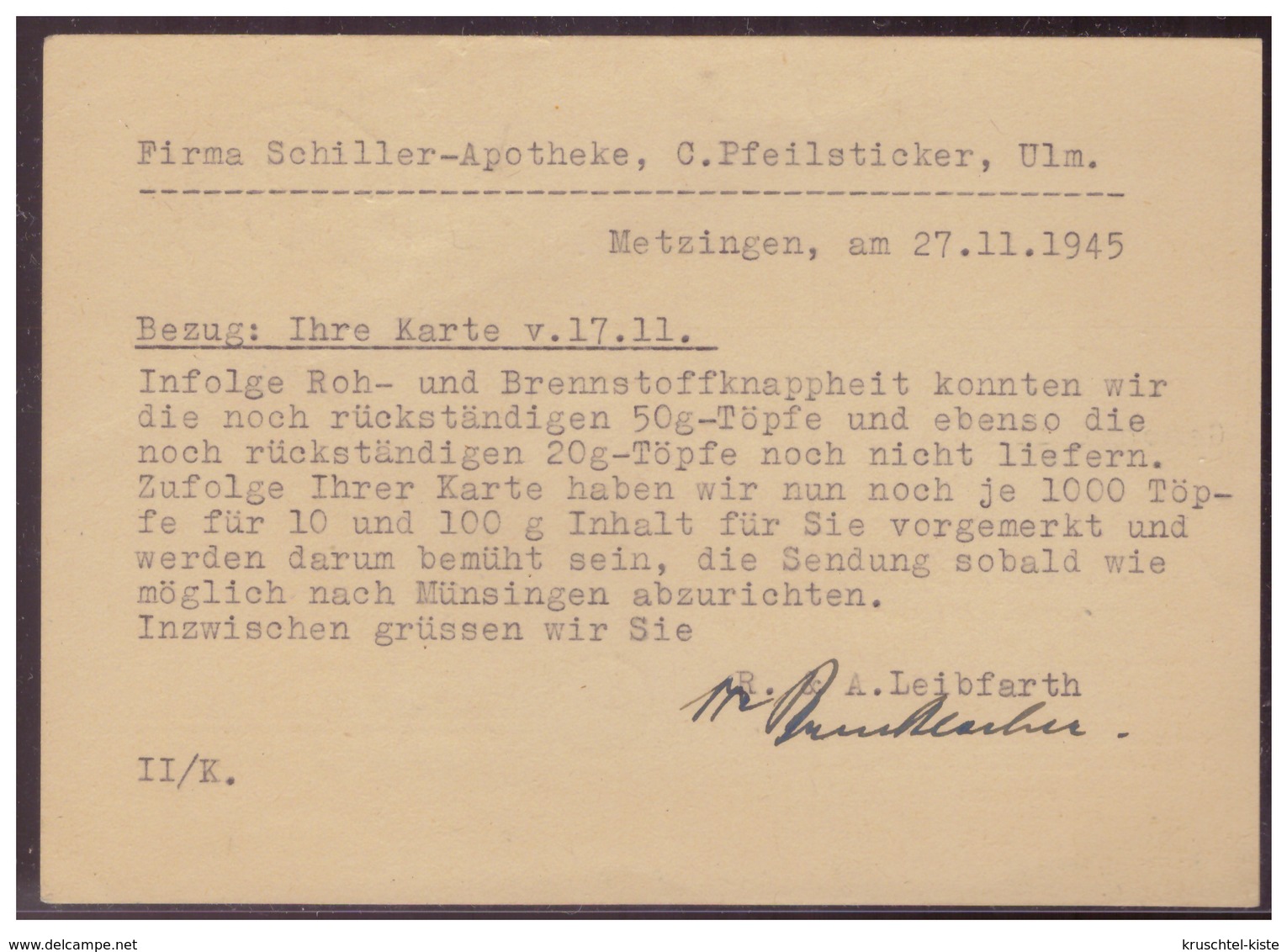 Deutschland (006010) Postkarte Gelaufen Von Metzingen Nach Ulm Am 27.11.1945 Mit Gebühr Bezahlt Stempel - Sonstige & Ohne Zuordnung