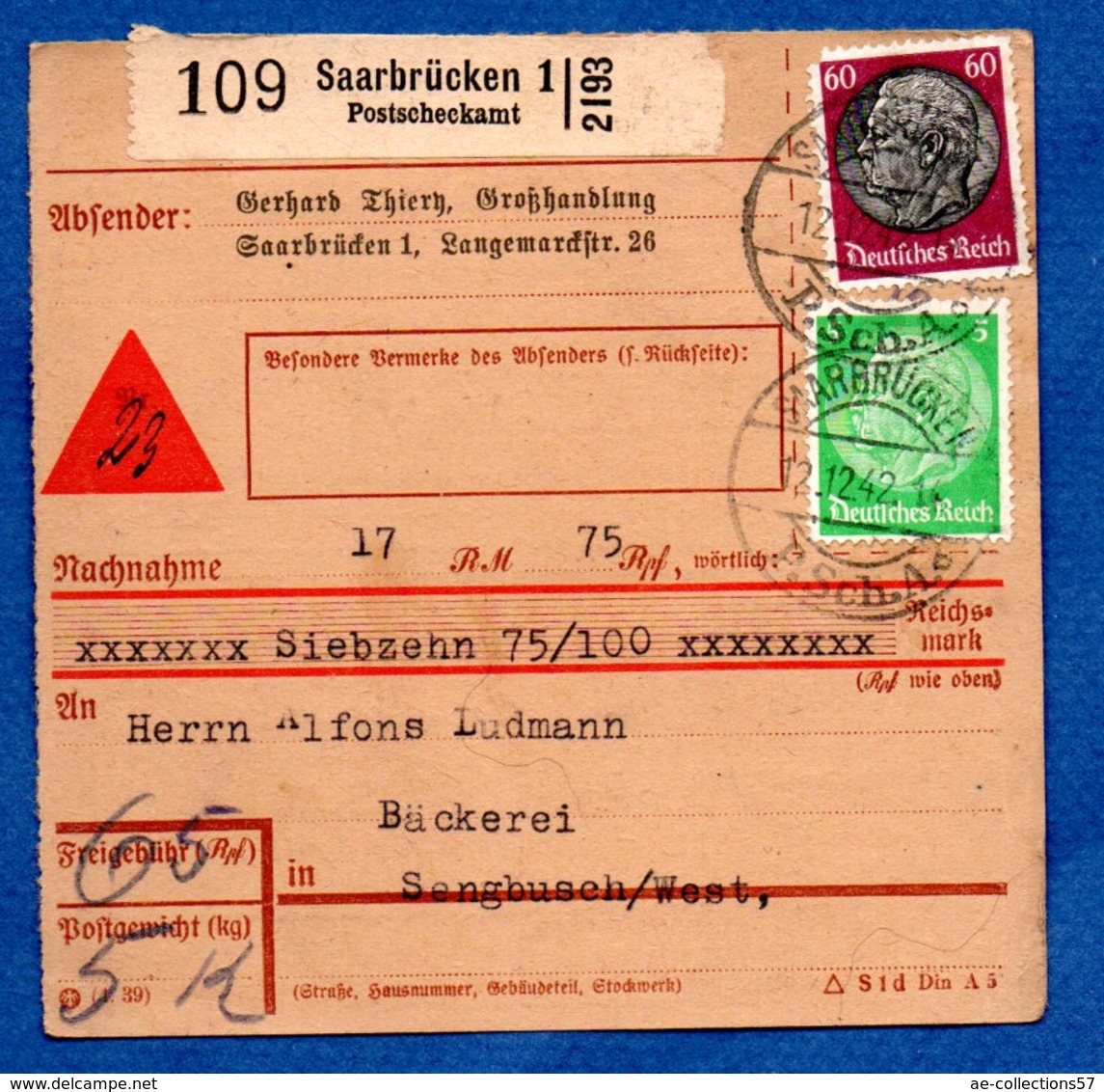 Allemagne - Colis Postal Départ Saarbrucken  -  Pour Seinbouse - 12/12/1942 - Lettres & Documents