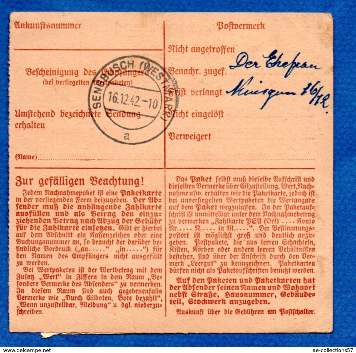 Allemagne - Colis Postal Départ Saarbrucken  -  Pour Seinbouse - 12/12/1942 - Lettres & Documents