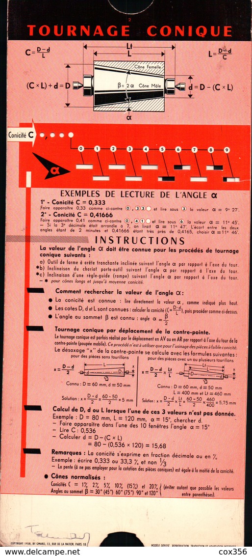 Règle à Calcul OMARO . Usinage Perçage Tournage Conique - Autres & Non Classés