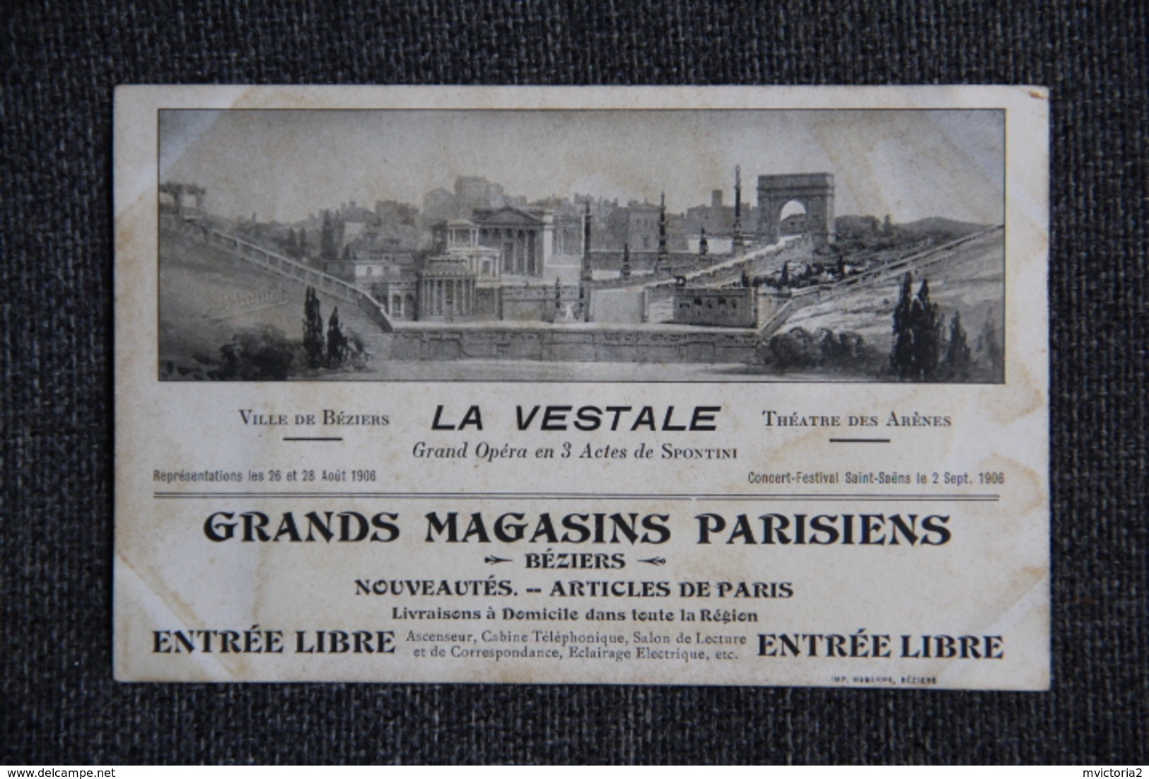 BEZIERS - Opéra " LA VESTALE ", Carte Publicitaire Des Grands Magasins Parisiens à BEZIERS - Beziers