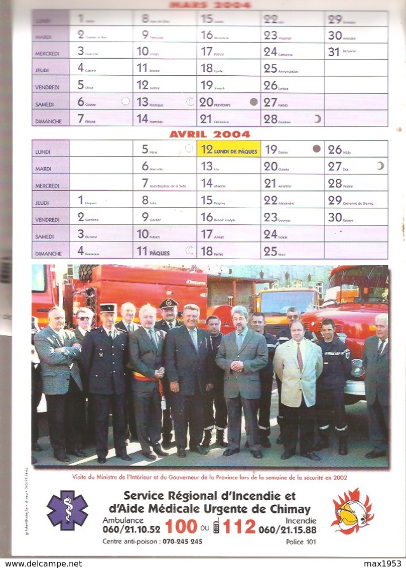 CHIMAY - POMPIERS -  Calendrier 2004 - Service Régional D'Incendie Et D'Aide Médicale Urgente - Big : 2001-...