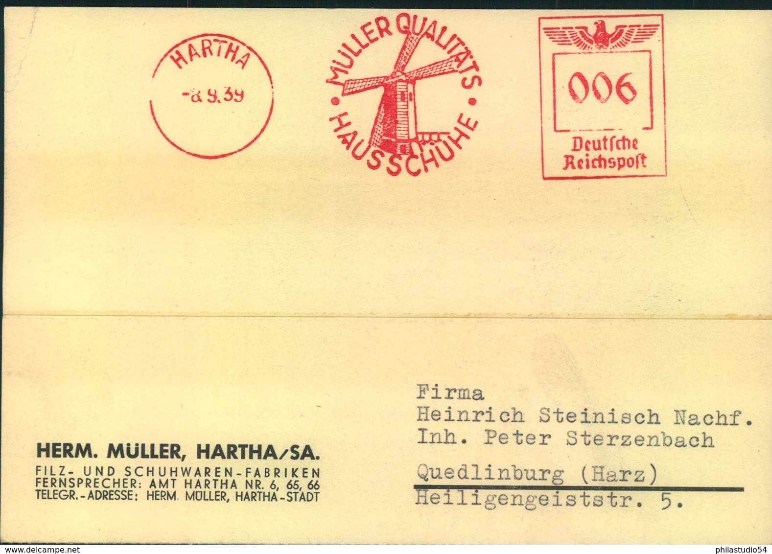 1939, HARTHA Firmenkarte Mit Absenderfreistempel, Interessanter Text, Reklame, Windmühle - Mühlen