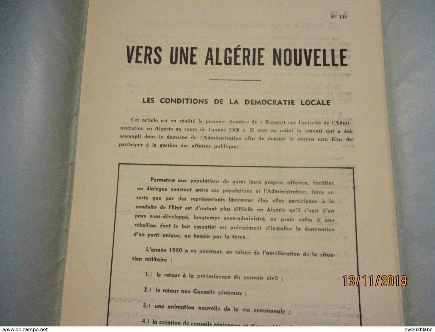 Guerre D'Algérie/La Semaine En Algérie Du 13 Au 19 Juillet 1961/Délégation Générale En Algérie/ N°134/1961      VPN169 - Altri & Non Classificati