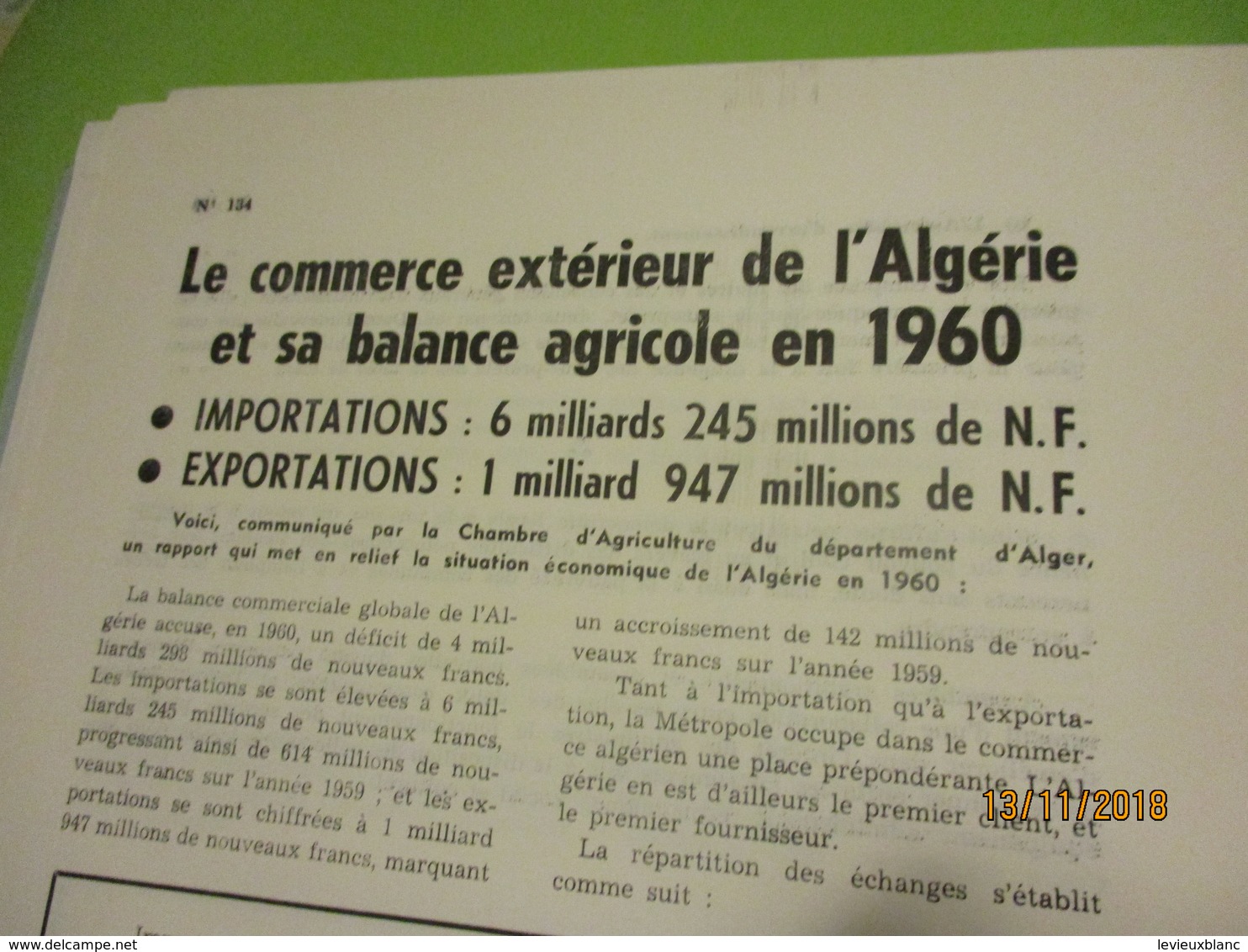 Guerre d'Algérie/La semaine en Algérie du 13 au 19 juillet 1961/Délégation Générale en Algérie/ N°134/1961      VPN169