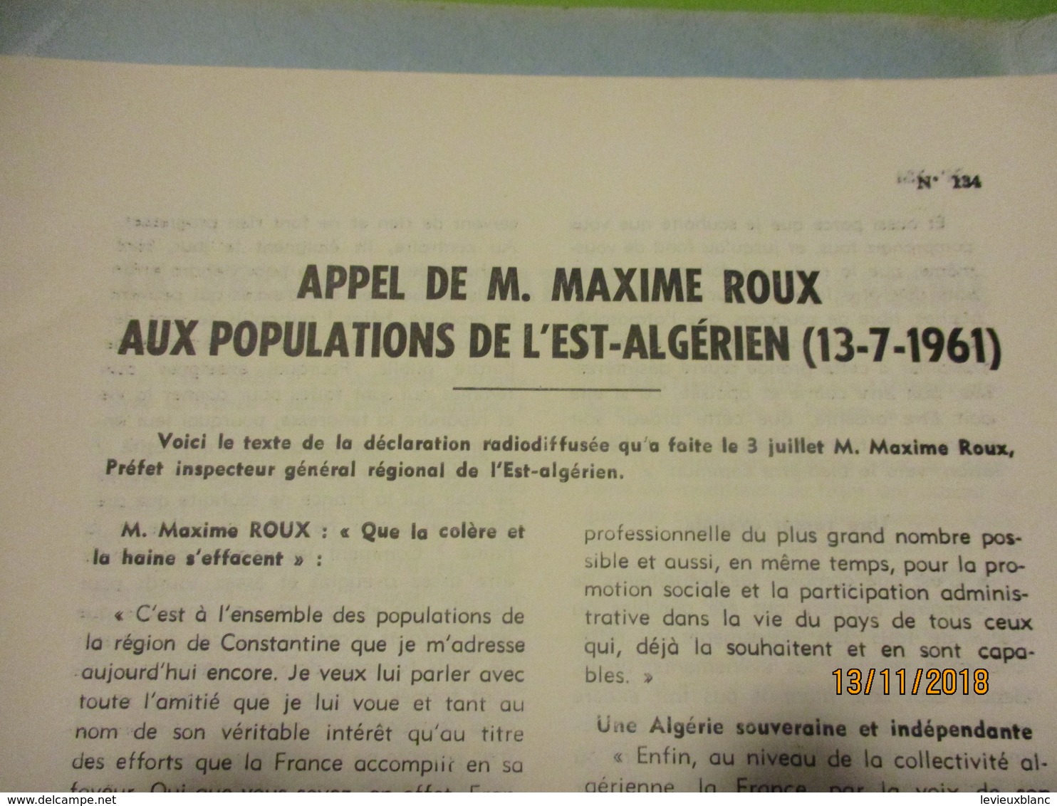 Guerre d'Algérie/La semaine en Algérie du 13 au 19 juillet 1961/Délégation Générale en Algérie/ N°134/1961      VPN169