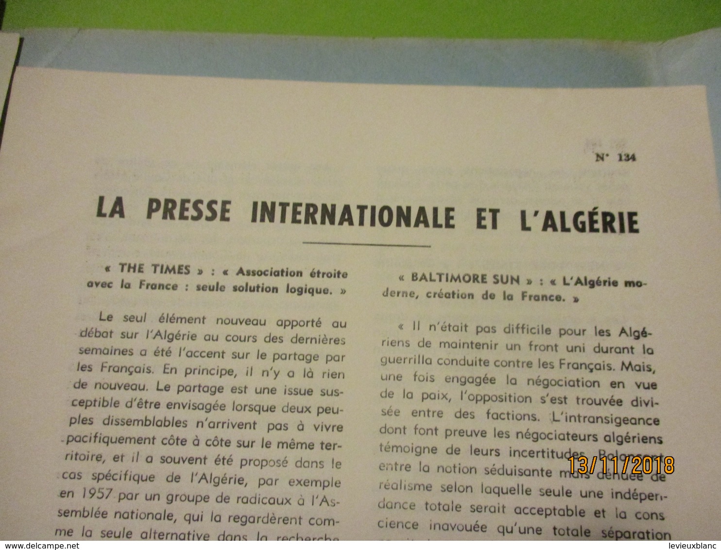 Guerre d'Algérie/La semaine en Algérie du 13 au 19 juillet 1961/Délégation Générale en Algérie/ N°134/1961      VPN169