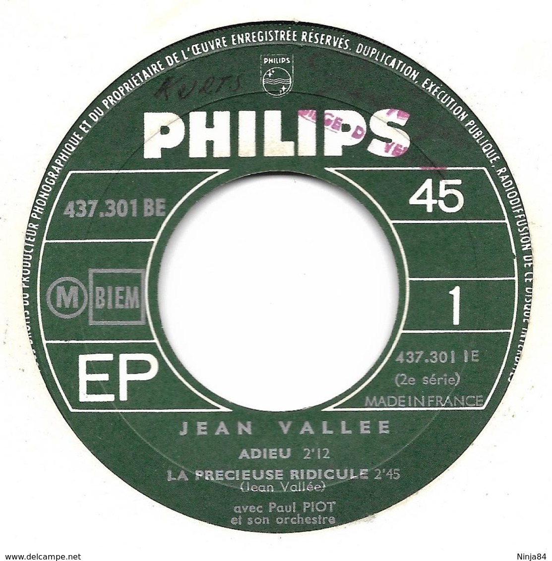 EP 45 RPM (7") Jean Vallée " Adieu " - Other - French Music