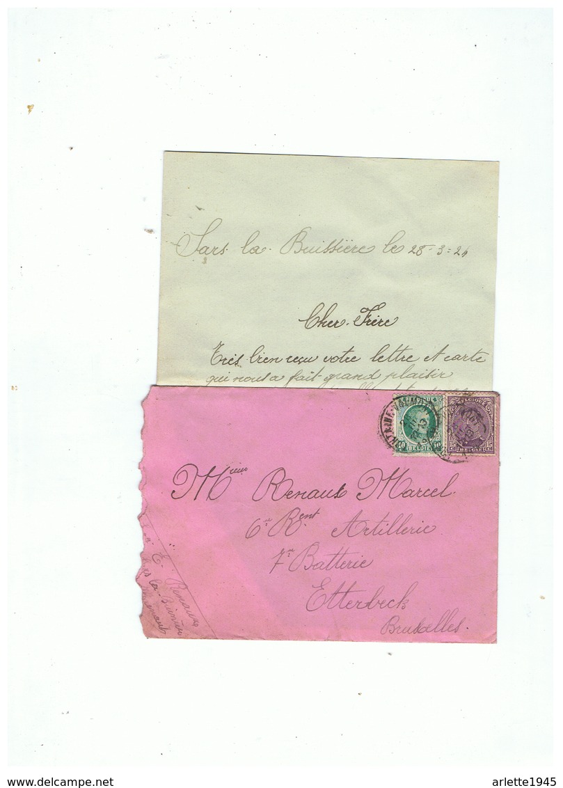 CORRESPONDANCE DEPART DE SARS - LA - BUISSIERE POUR MILITAIRE à ETTERBECK (BELGIQUE) 1924 - 1914-18