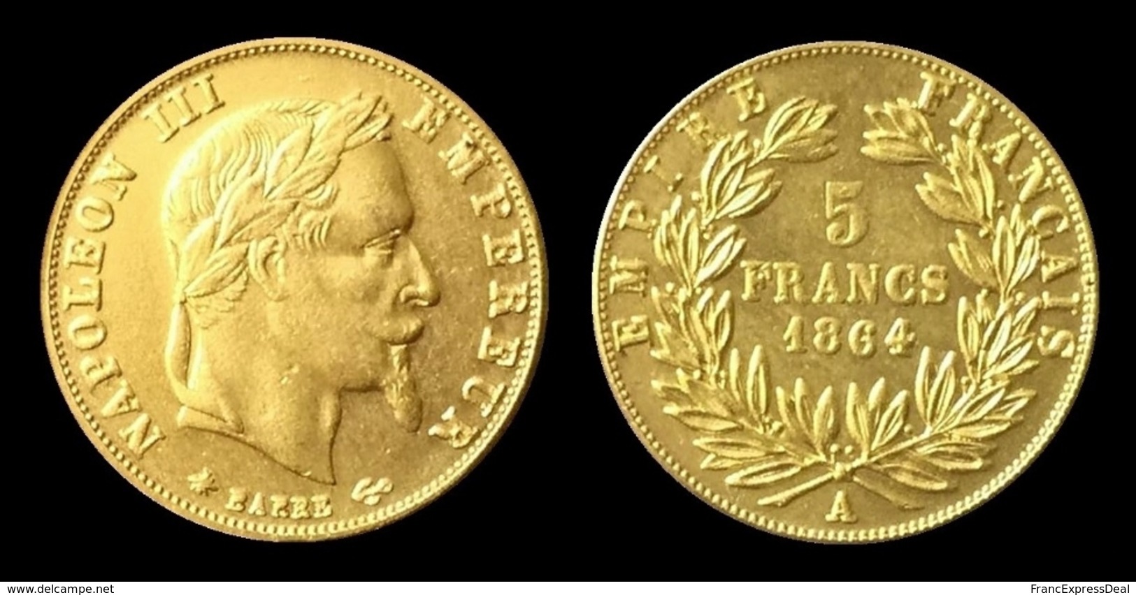 COPIE - 1 Pièce Plaquée OR Sous Capsule ! ( GOLD Plated Coin ) - 5 Francs Napoléon Tête Laurée 1864 A - Autres & Non Classés