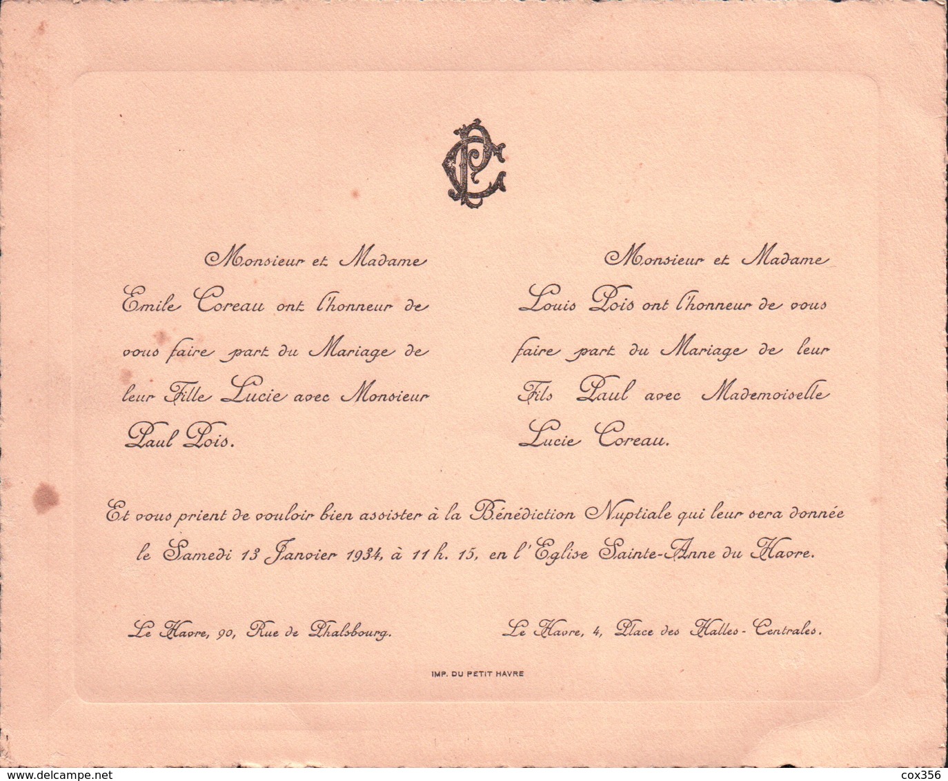 Carte D'Invitation  Pour Asister à La Bénédiction NUPTIALE En L'Eglise SAINTE-ANNE Du HAVRE 1934 - Mariage