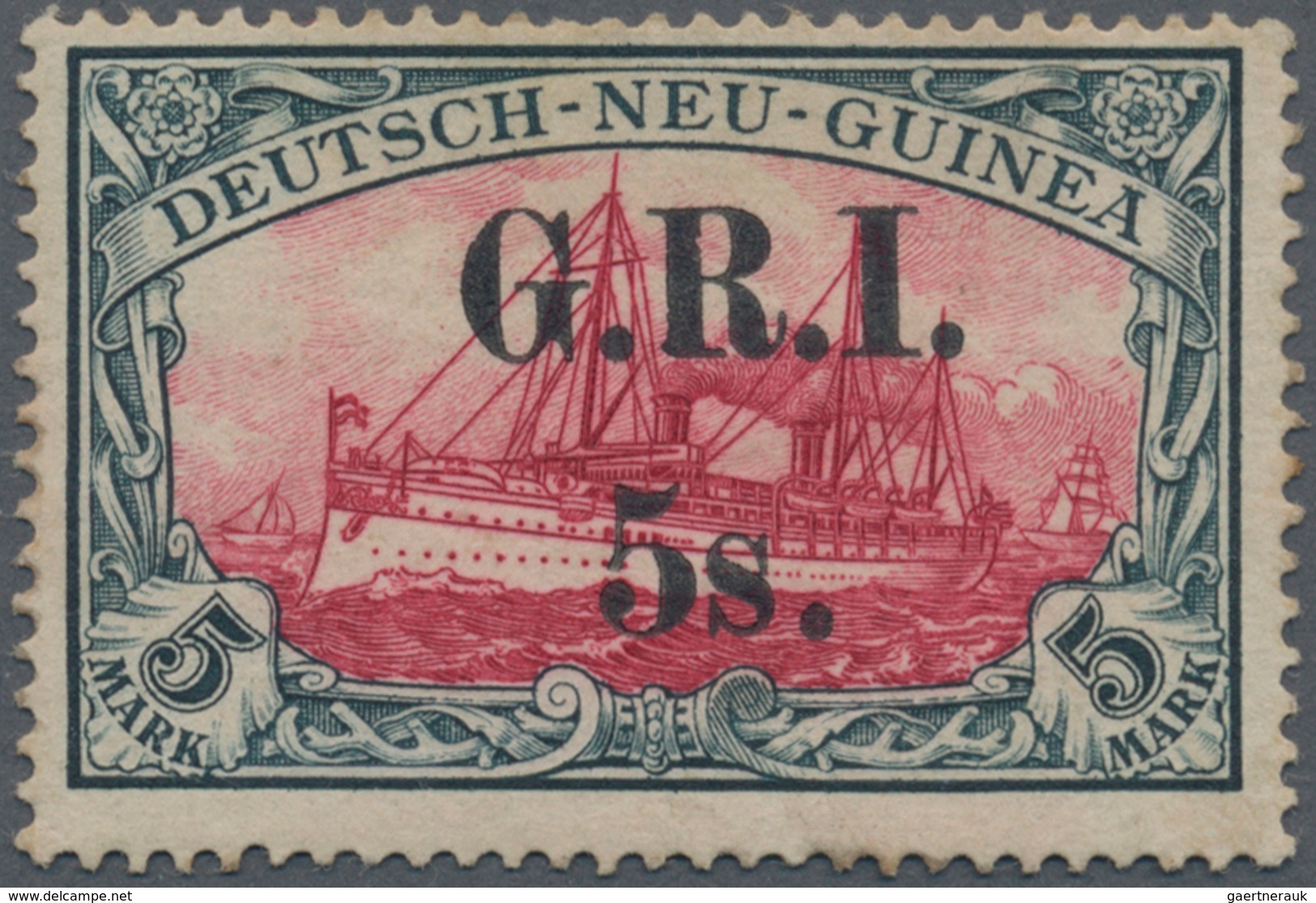 Deutsch-Neuguinea - Britische Besetzung: 1914: 5 S. Auf 5 M. Grünschwarz/dunkelkarmin, Aufdruck 'G.R - Nuova Guinea Tedesca