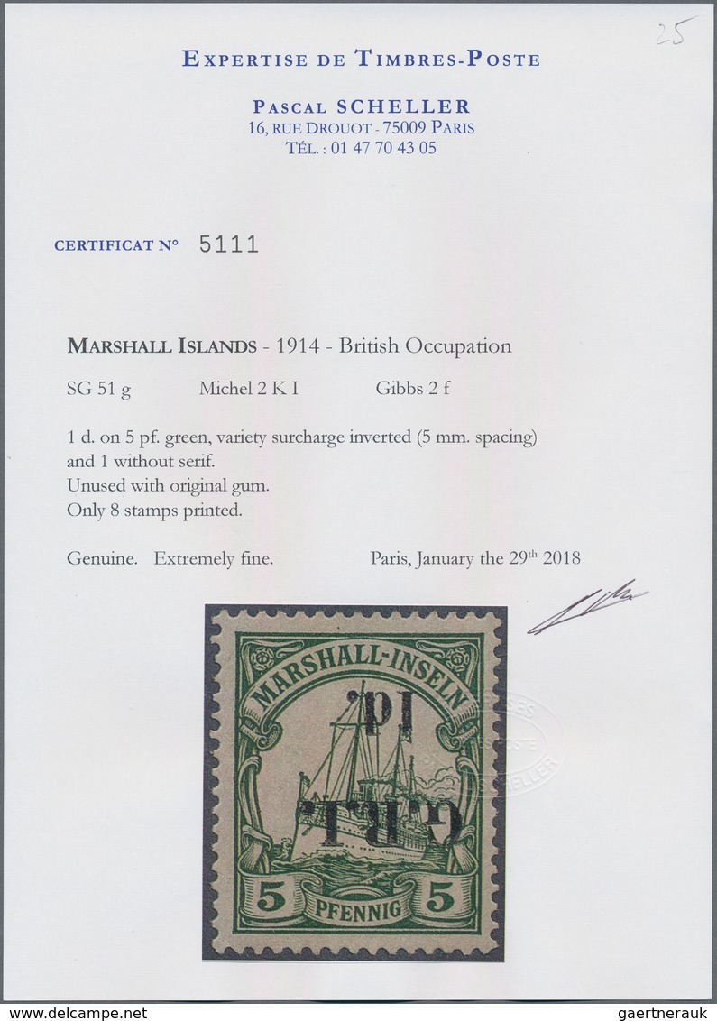 Deutsche Kolonien - Marshall-Inseln - Britische Besetzung: 1914: 1 D. Auf 5 Pf. Dunkelgrün Mit KOPFS - Isole Marshall