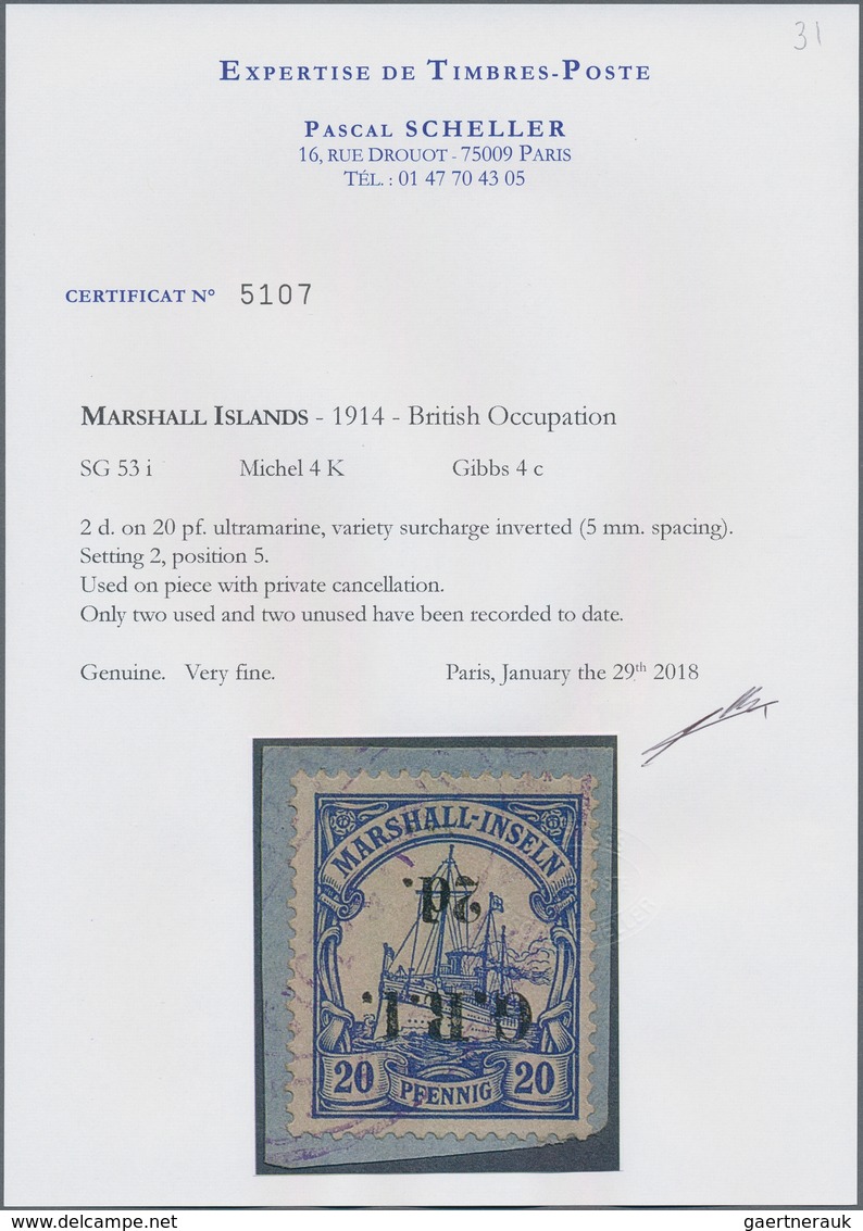 Deutsche Kolonien - Marshall-Inseln - Britische Besetzung: 1914: 2 D. Auf 20 Pf. Ultramarin Mit KOPF - Isole Marshall