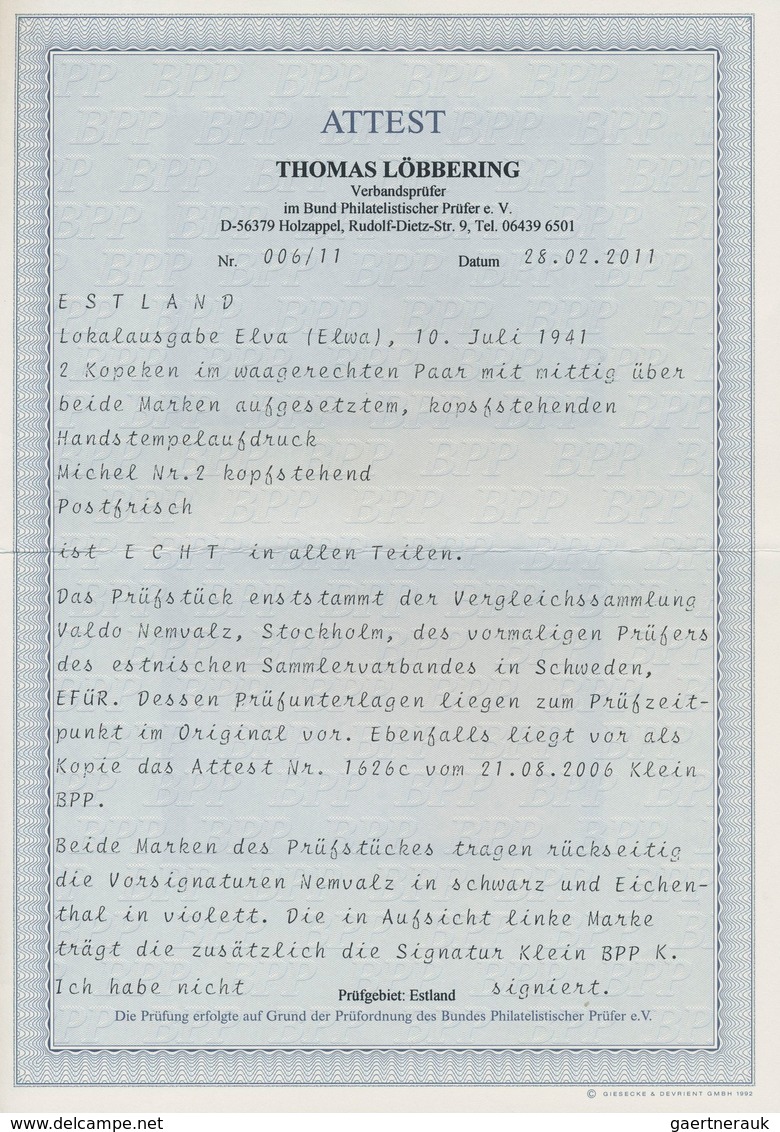 Dt. Besetzung II WK - Estland - Elwa: 1941, 2 K Gelblichgrün Freimarke "Werktätige", Waagerechtes Pa - Occupation 1938-45