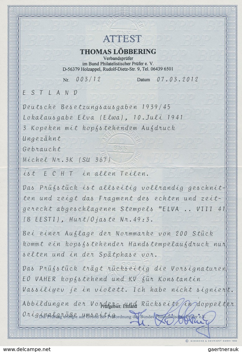 Dt. Besetzung II WK - Estland - Elwa: 1941, 3 K Dunkelgrünlichblau Freimarke "Werktätige", Ungezähnt - Occupation 1938-45