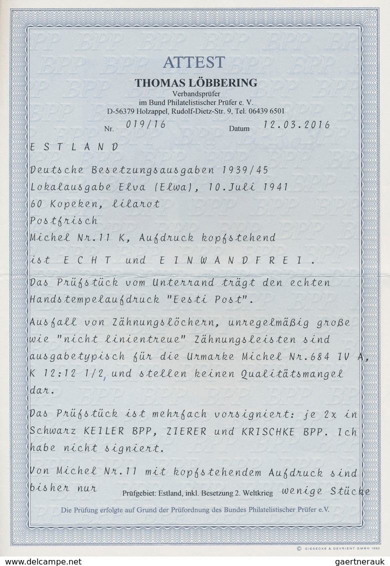 Dt. Besetzung II WK - Estland - Elwa: 1941, 60 K Lilarot Freimarke "Werktätige" Vom Unterrand Mit KO - Occupation 1938-45