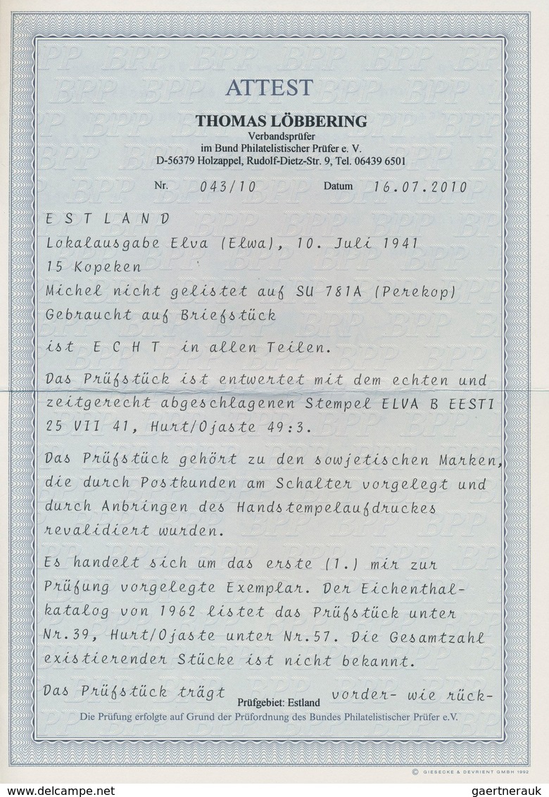 Dt. Besetzung II WK - Estland - Elwa: 1941, 15 K Rot "Perekop" Mit Aufdruck "Eesti Post", Entwertet - Occupation 1938-45