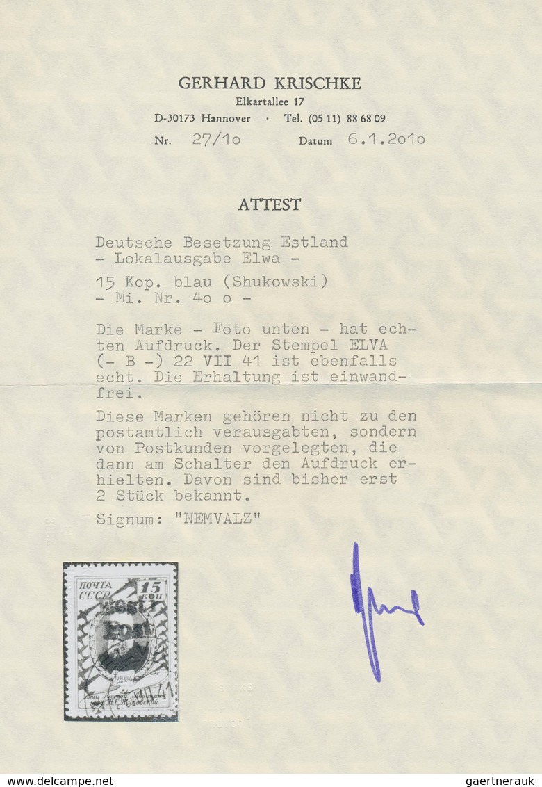 Dt. Besetzung II WK - Estland - Elwa: 1941, 15 K Dunkelgrauultramarin "Schukowskij" Mit Aufdruck "Ee - Occupation 1938-45