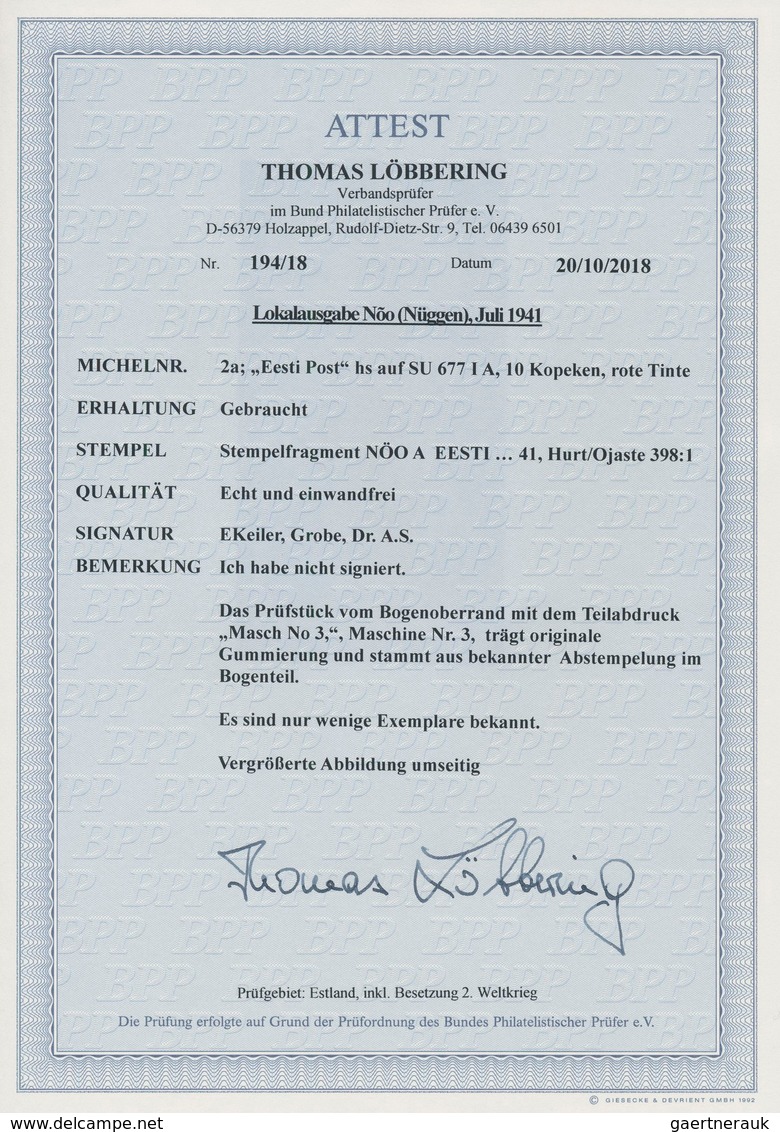 Dt. Besetzung II WK - Estland - Nüggen (Nöo): 1941, 10 K Dunkelpreußischblau Freimarke "Werktätige", - Occupation 1938-45