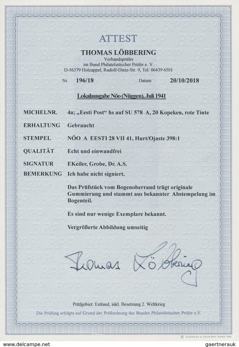 Dt. Besetzung II WK - Estland - Nüggen (Nöo): 1941, 20 K Schwarzgelbgrün Freimarke "Werktätige", Mar - Ocupación 1938 – 45