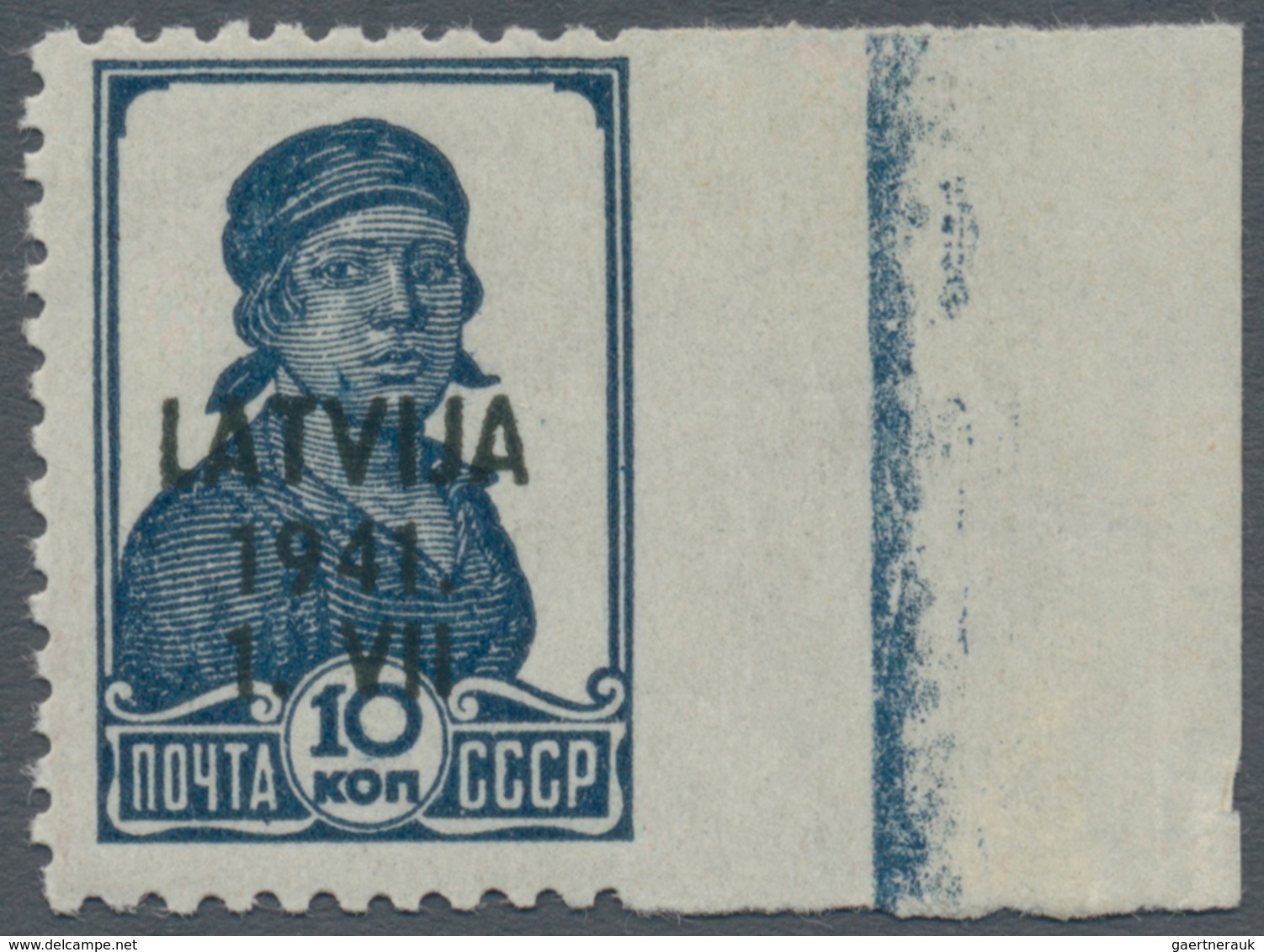 Dt. Besetzung II WK - Lettland: 1941, 10 K Dunkelpreußischblau, Rechts Ungezähnt Vom Rechten Bogenra - Besetzungen 1938-45