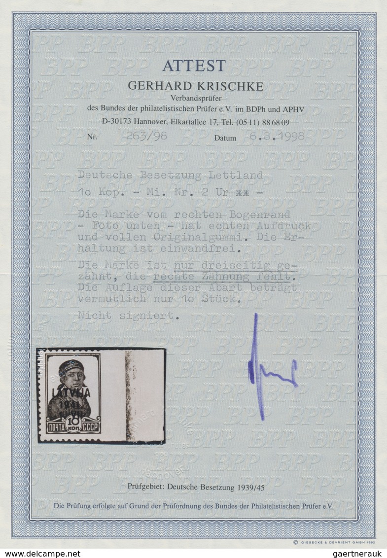 Dt. Besetzung II WK - Lettland: 1941, 10 K Dunkelpreußischblau, Rechts Ungezähnt Vom Rechten Bogenra - Besetzungen 1938-45