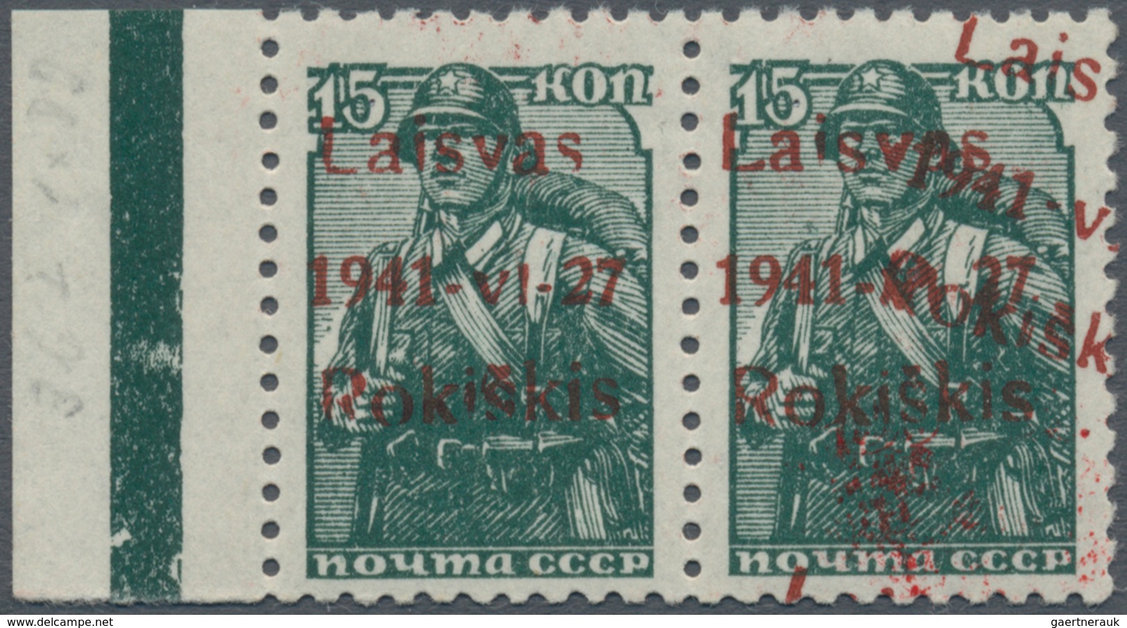 Dt. Besetzung II WK - Litauen - Rakischki (Rokiskis): 1941, 15 K Dunkelblaugrün, Waagerechtes Paar V - Occupation 1938-45