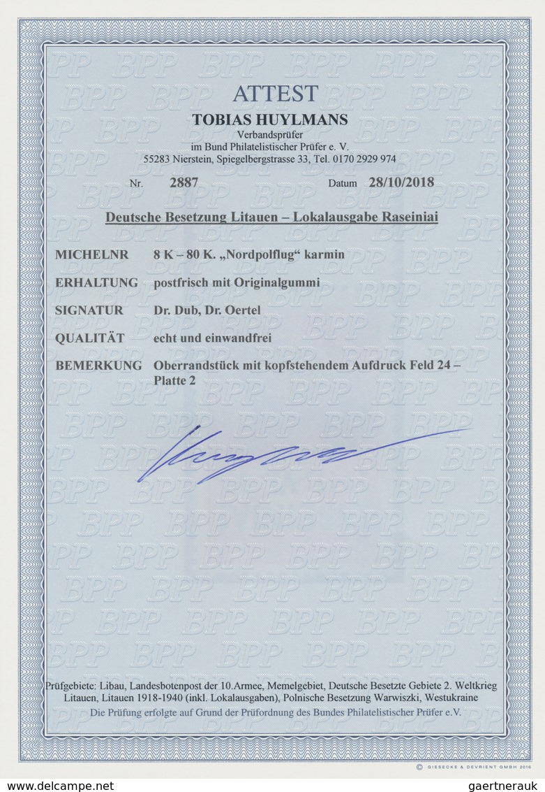 Dt. Besetzung II WK - Litauen - Rossingen (Raseiniai): 1941, 80 K Dkl'bräunlichrot "Nordpolflug", Ob - Occupation 1938-45