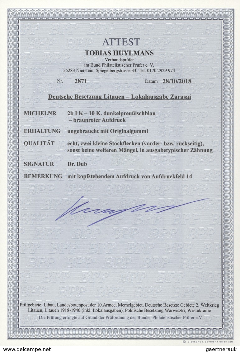 Dt. Besetzung II WK - Litauen - Zargrad (Zarasai): 1941, 10 K Dunkelpreußischblau Freimarke "Werktät - Occupation 1938-45